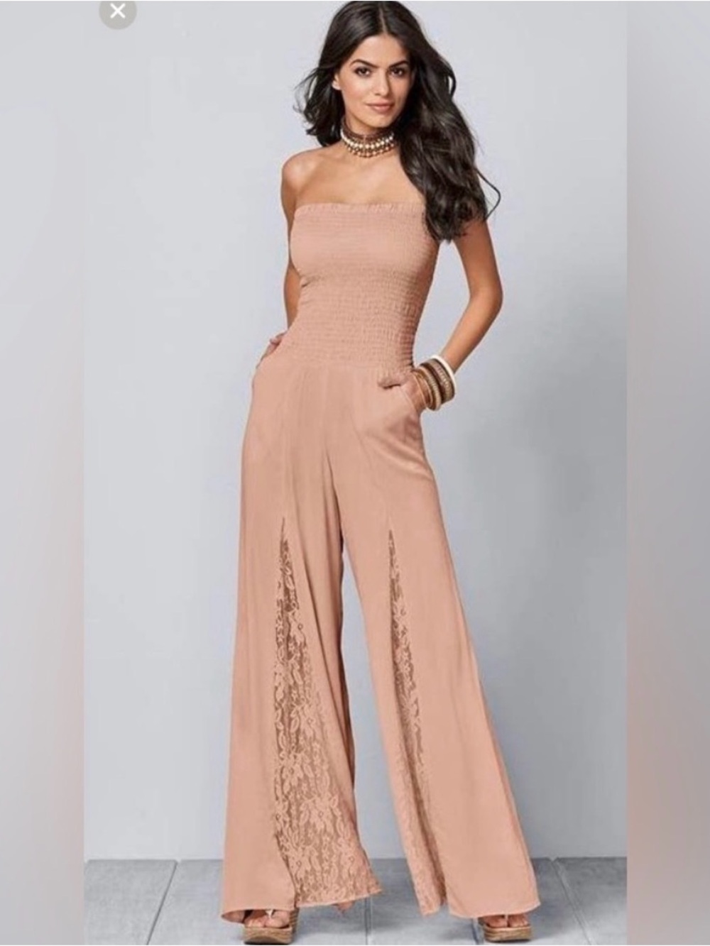 🌸VENUS BLUSH PINK SMOCKED BANDEAU JUMPSUIT SOZE LARGE🌸